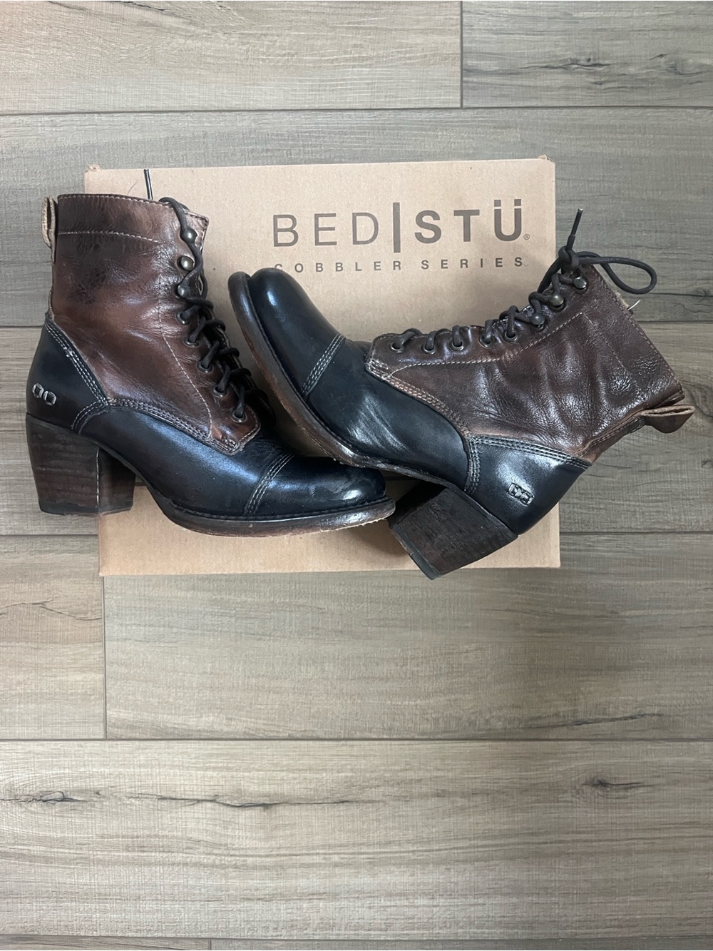 Bed Stu Two-Tone Lace-Up Leather Ankle Boots — Brown and Black